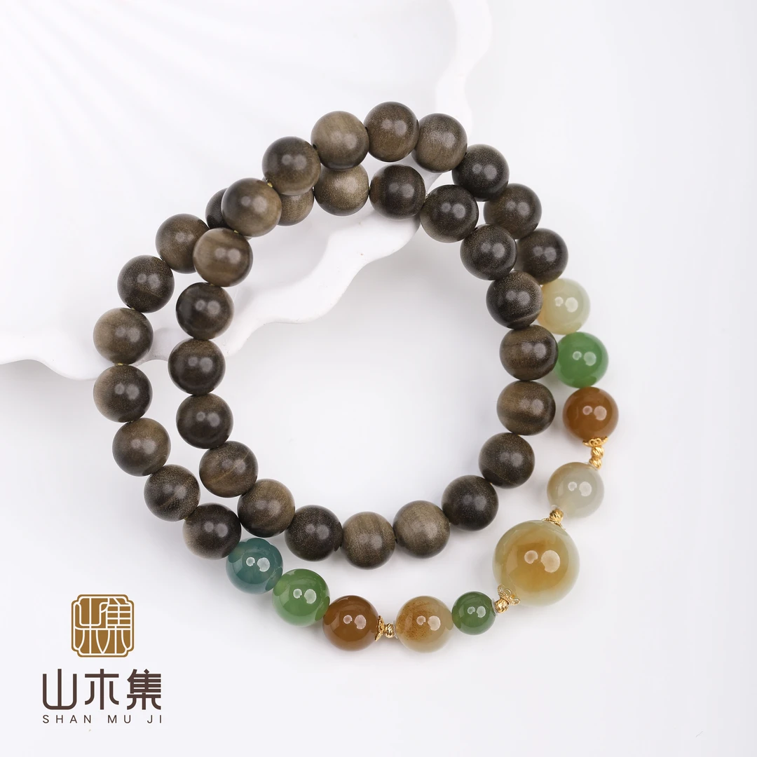 【18K金】老山檀0.8阴沉料碧玉蓝翡糖玉（秋日）双圈手串￥【山木集】
