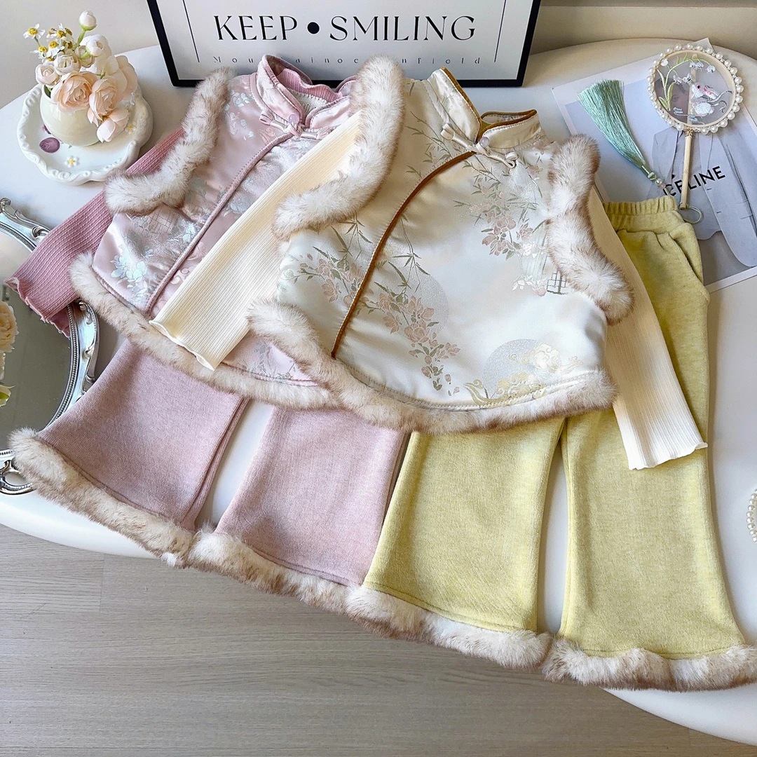 女童新中式套装冬季新款中国风汉服唐装夹棉马甲长裤套装AWA839