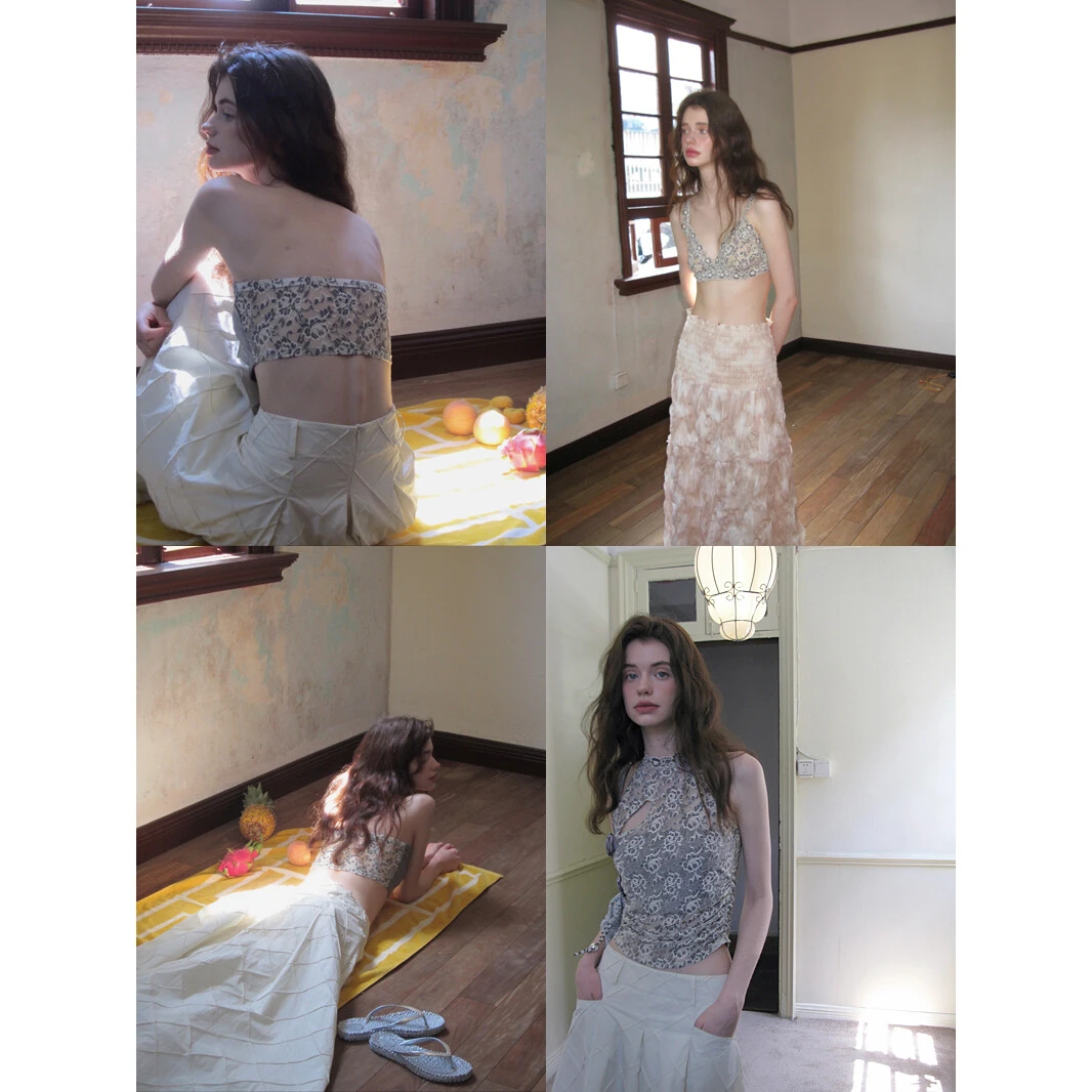 CARIEDO限量灰与杏双染蕾丝系列 2025夏季新品抹胸/文胸/上衣女