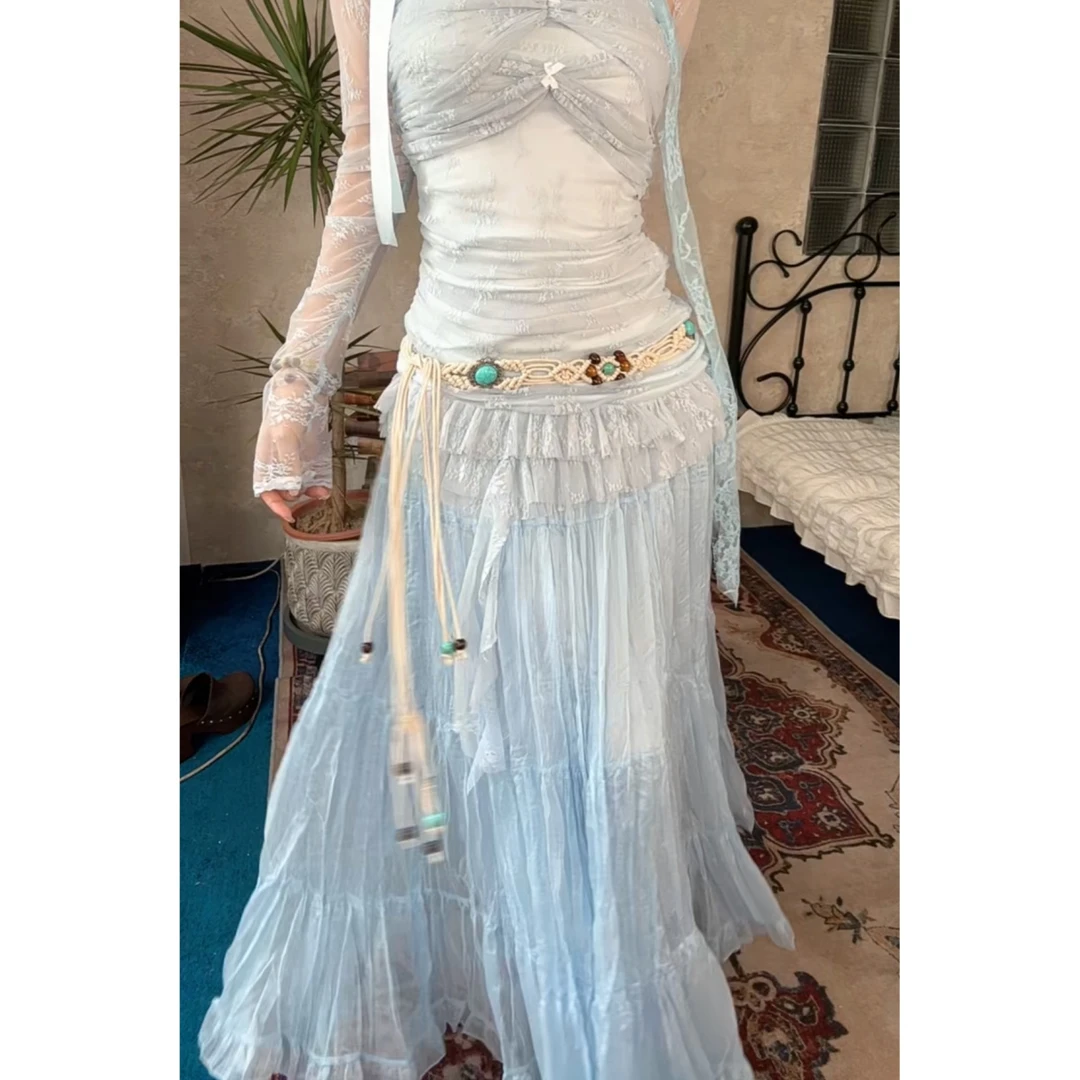 ｛北极村｝薄款网纱长裙半身裙女夏季薄款淡蓝色 气质网红重工