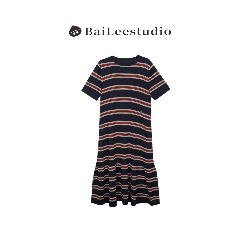 【柏栗良品】2025夏季新款~韩版慵懒风撞色条纹T恤连衣裙325096