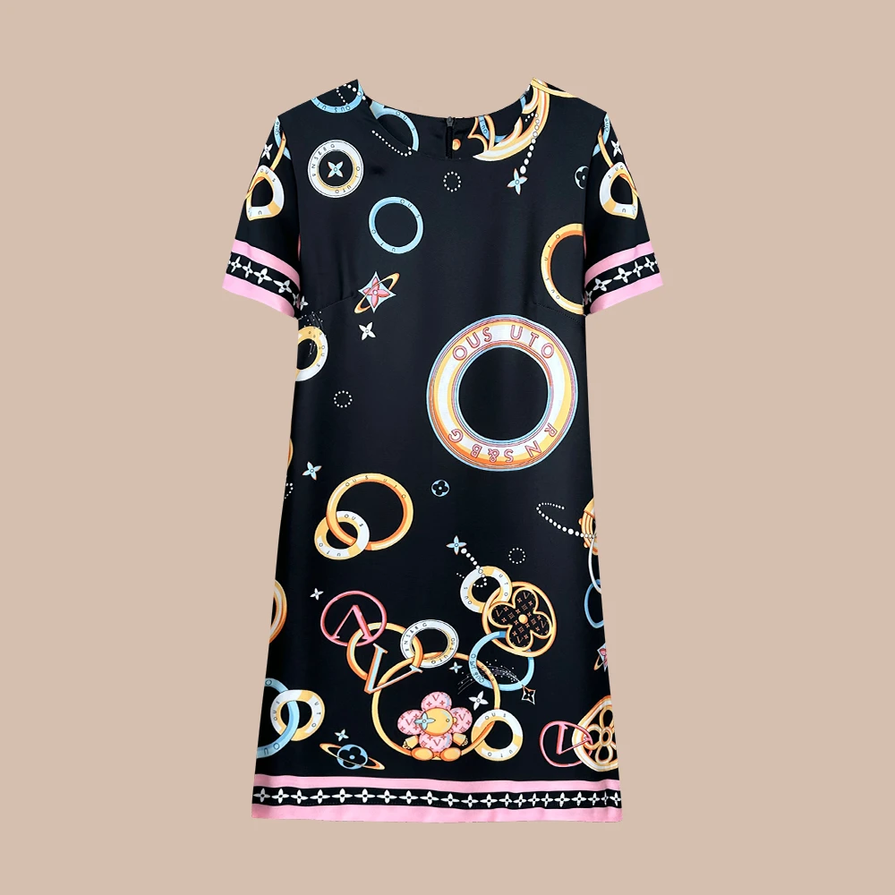 2025连衣裙气质夏季国风复古中国风印花a字设计师中长裙（150）