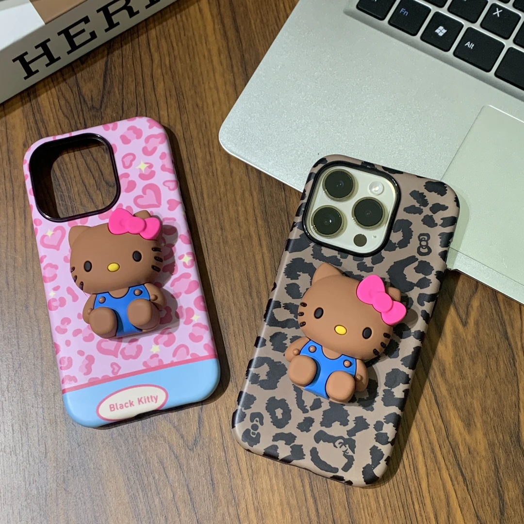 甜酷辣妹豹纹kitty支架菲林磨砂手机壳适用苹果华为vivo/opo小米