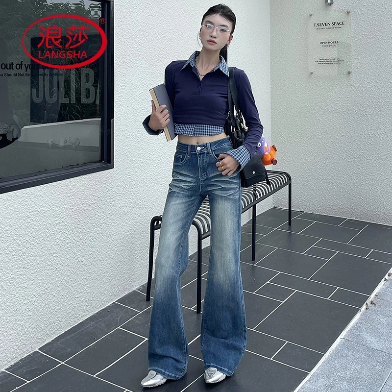 蓝色辣妹微喇牛仔裤女装2025早秋新款设计感高腰不贴腿百搭喇叭裤