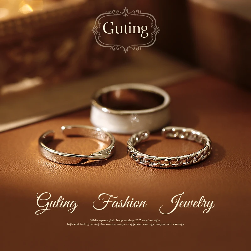 铜合金戒指 1895（3件套）手工滴油白色开口戒指女高奢叠戴戒指指环