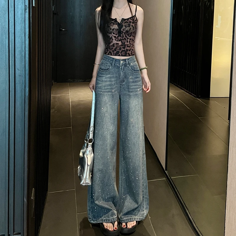 美式复古烫钻低腰牛仔裤女秋季2025新款设计感宽松直筒阔腿长裤子