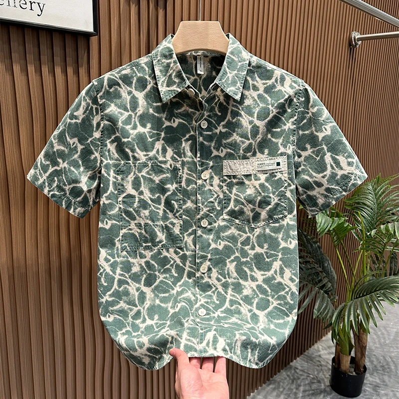 轻奢潮牌个性印花短袖衬衫夏季男士新款时尚休闲青年百搭宽松衬衣