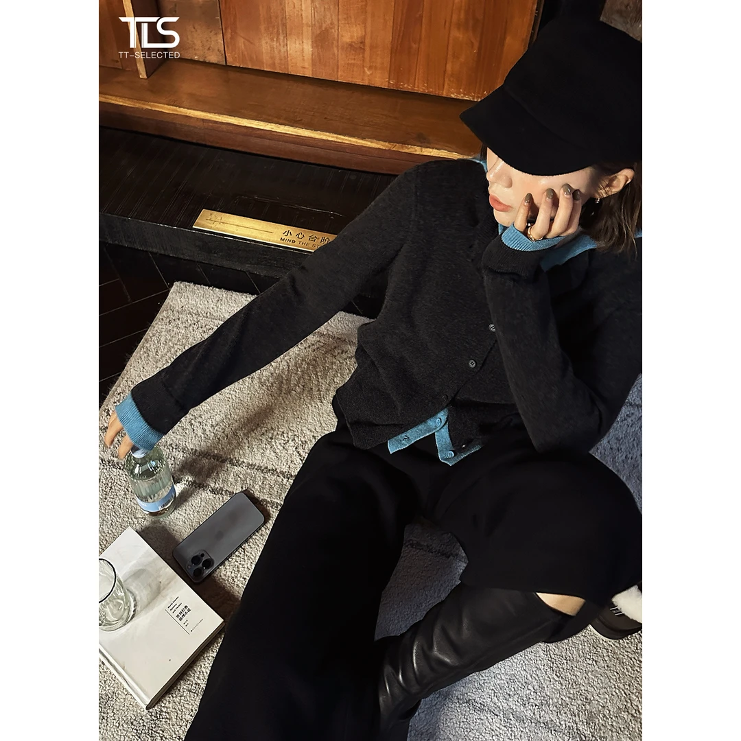 TT【假两件】100%超细绵羊毛琥珀风假两件撞色连帽针织衫毛衣MY5183