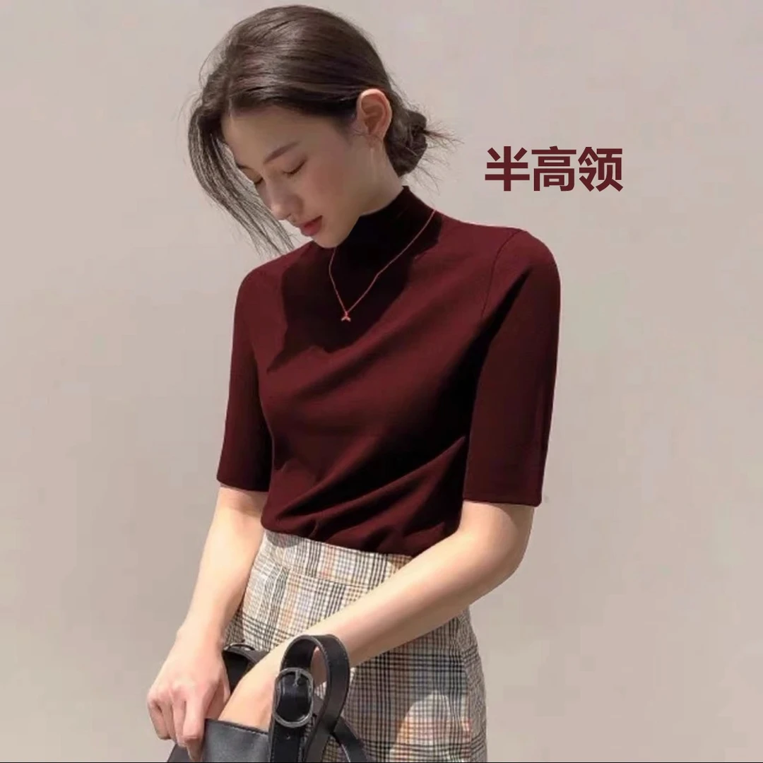 2025早秋新款小立领纯色半高领气质五分袖内搭T恤显瘦打底衫百搭