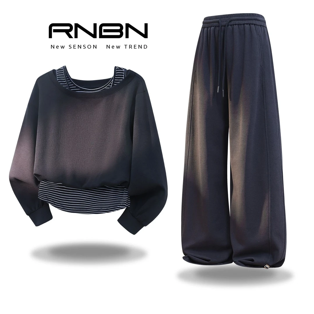 RNBN新款气质日常通勤宽松慵懒斜肩条纹假两件套装