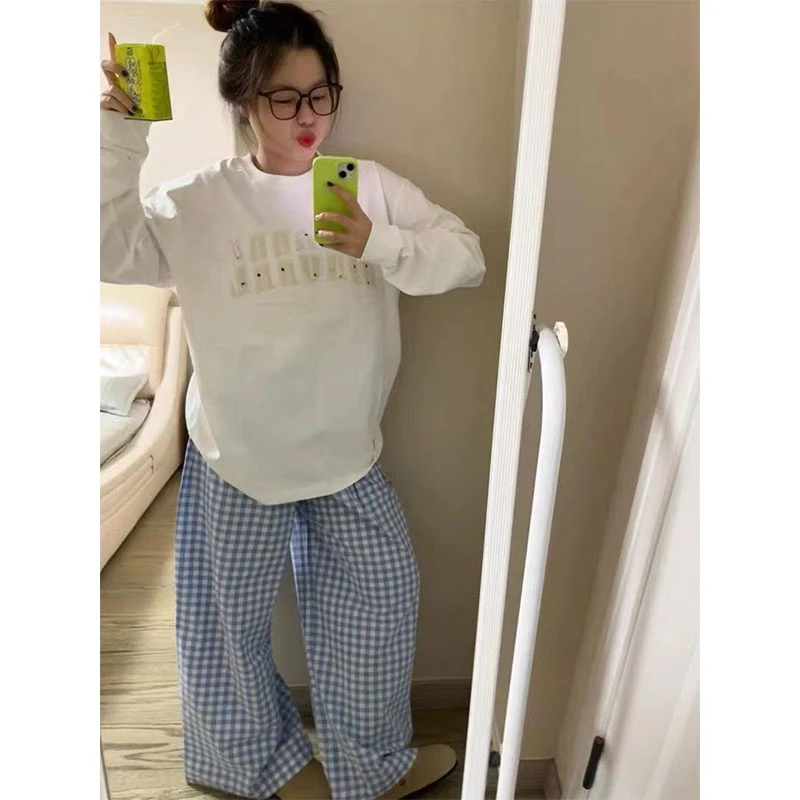 韩系穿搭纯棉白色长袖T恤女春秋季设计感字母刺绣宽松体恤衫上衣