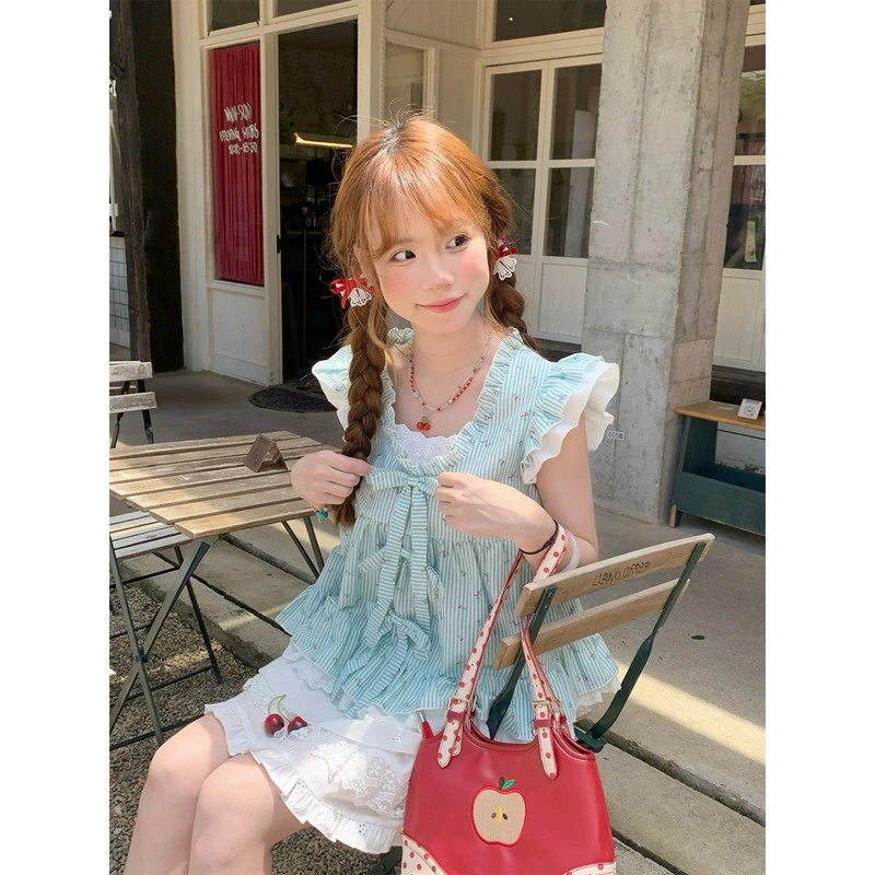 Librasinsingirl青森蜜樱夏季绿色条纹小樱桃飞飞袖上衣+白色半身