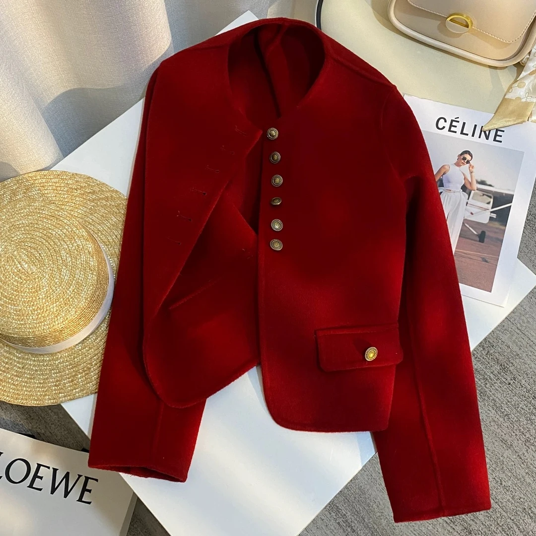 2418双面绒小香风女秋冬新款撞色时髦高级设计短款外套