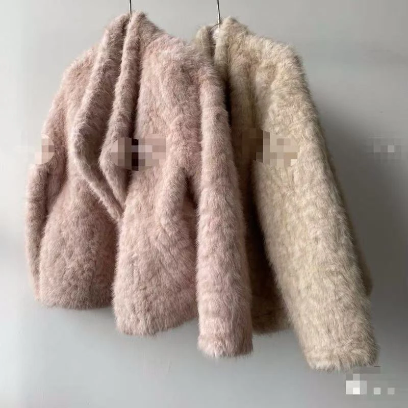 秋冬新款环保毛毛外套大翻领宽松保暖气质显瘦女式短款上衣