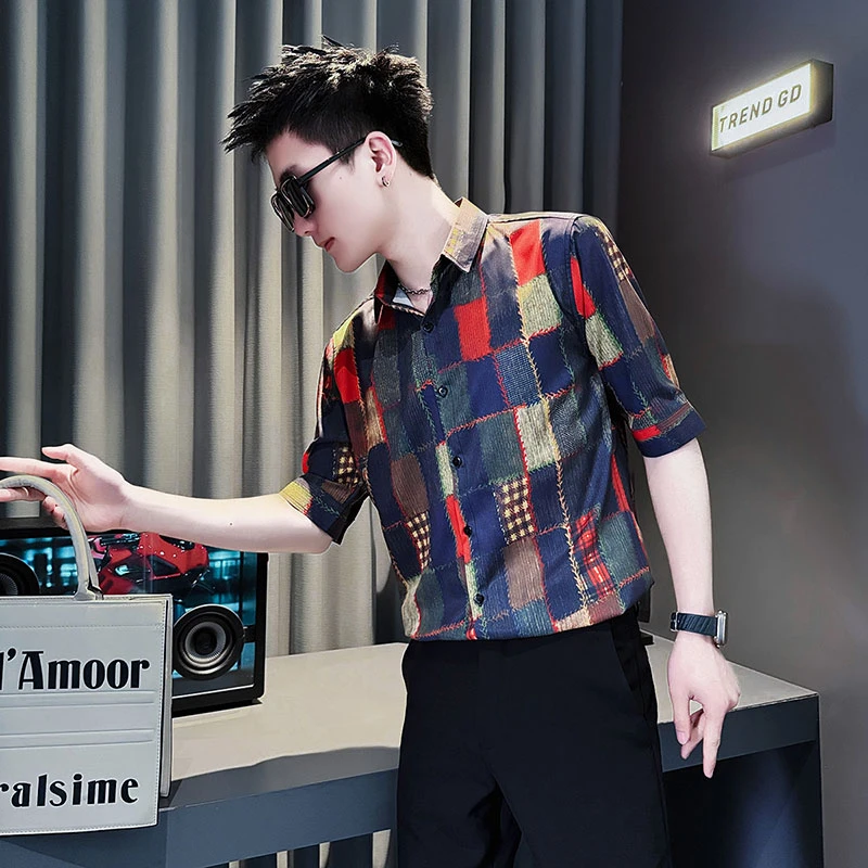 格子衬衫男士2025新款夏季短袖衬衣痞帅男装上衣潮牌五分袖衣服男