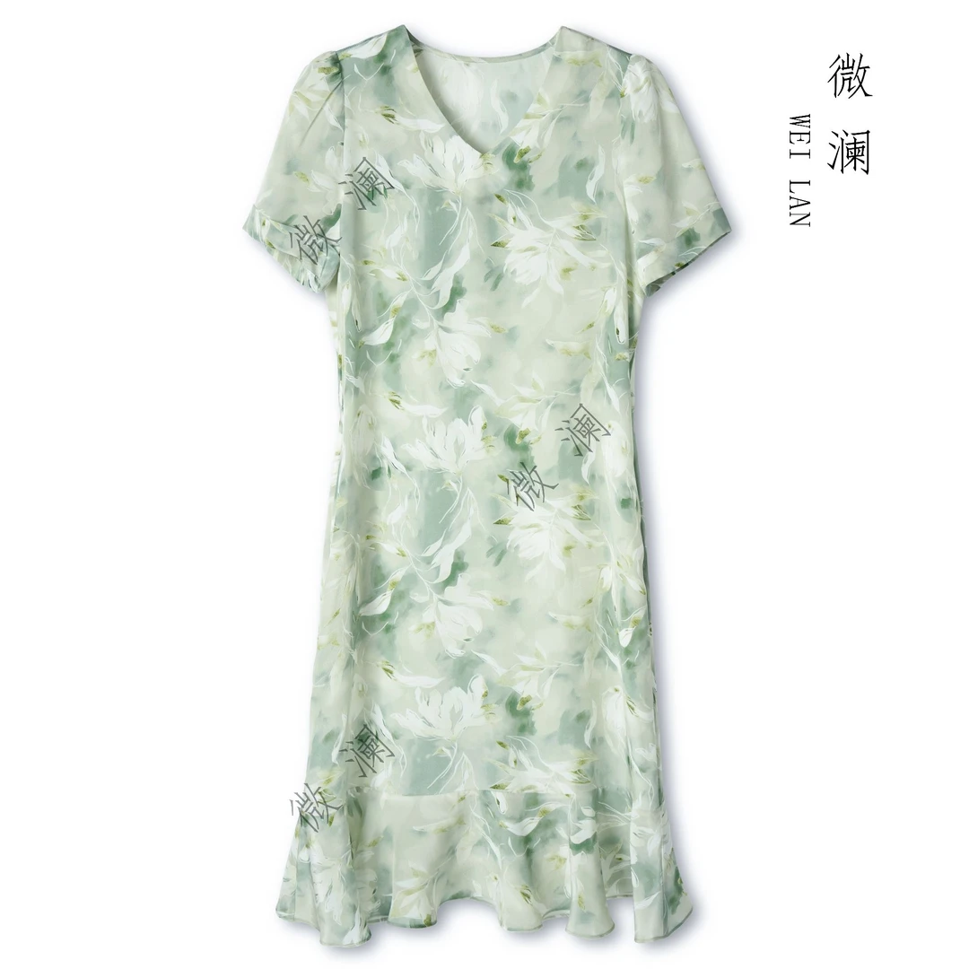 100桑蚕丝连衣裙女夏季V领绿色碎花桑蚕丝连衣裙5A020-3