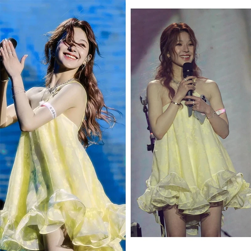 赵露思同款法式黄色吊带连衣裙女夏季度假风短裙设计感荷叶边裙子