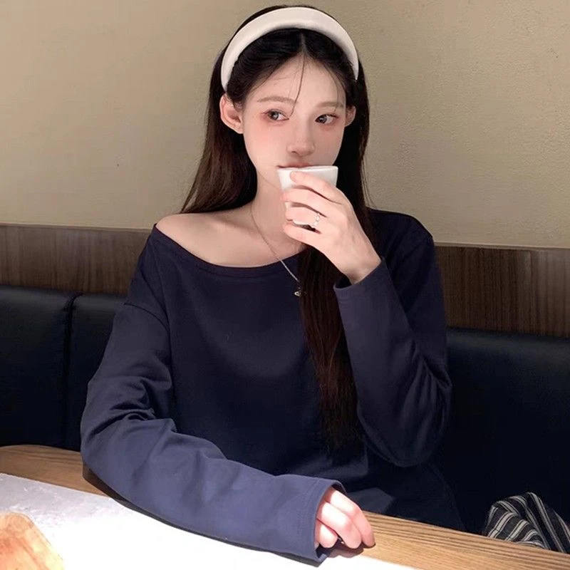 2025早秋新款斜肩宽松休闲百搭长袖显瘦时尚气质打底白色T恤韩版