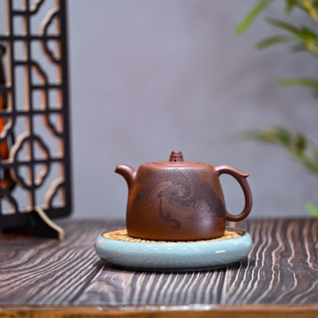 宝铎，实力派陶手冯宇，原矿老紫泥，全手工制，陈芝精刻凤舞，260cc