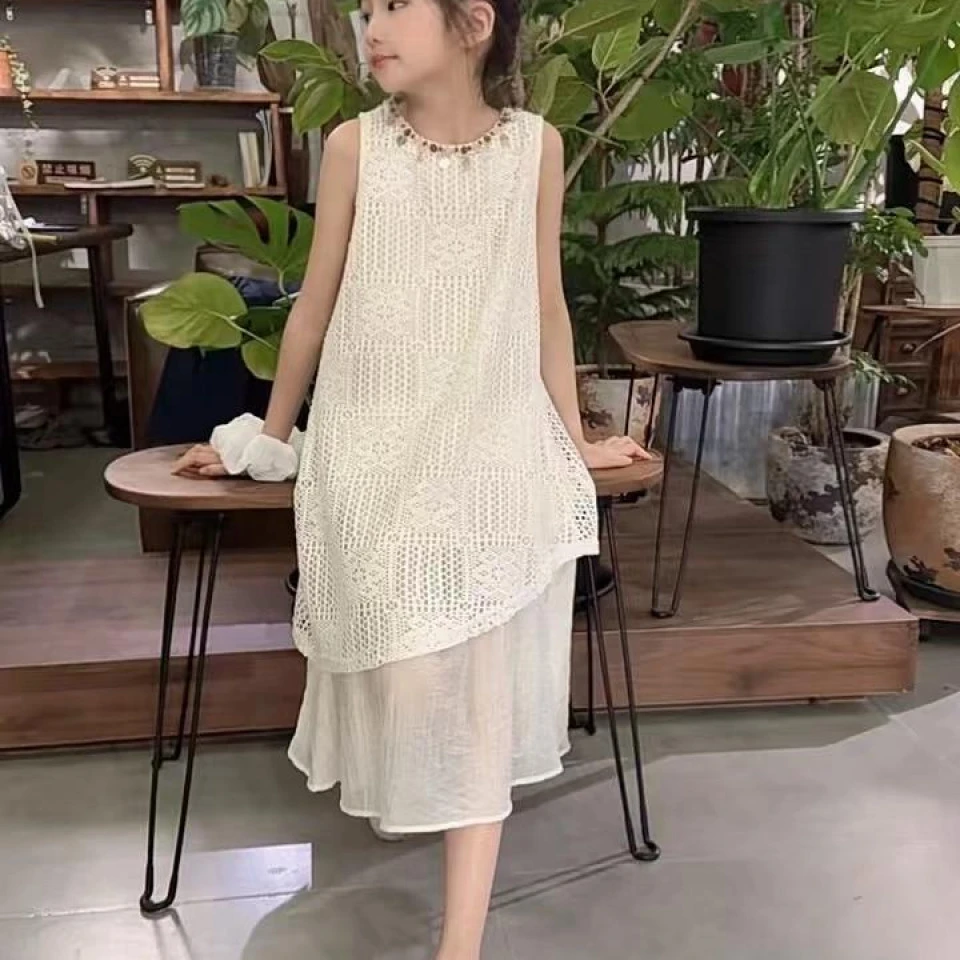 女童夏款拼接连衣裙2025新款中大童时髦洋气波西米亚蕾丝拼接裙子