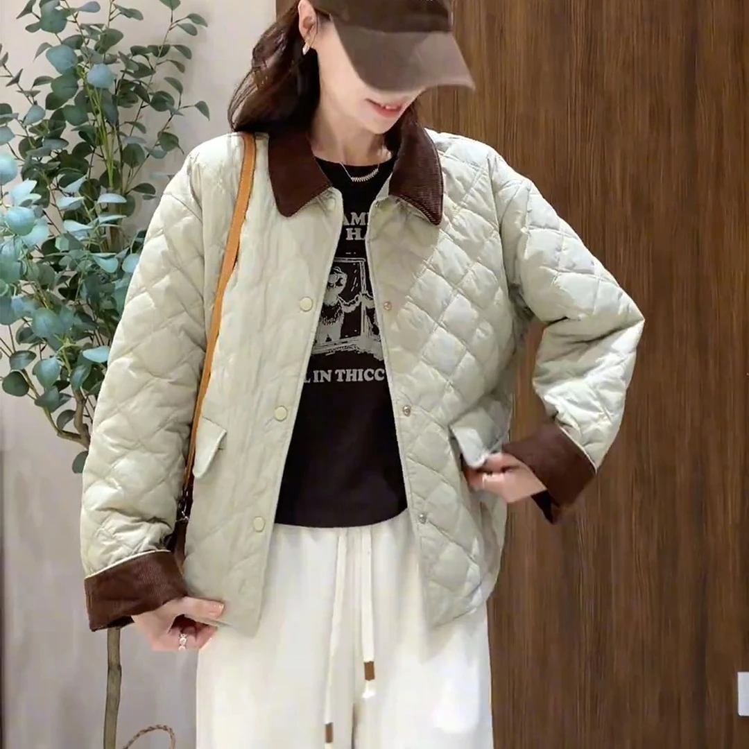 2025年秋冬菱形格加棉保暖棉衣外套女韩版宽松遮肉显瘦气质polo领