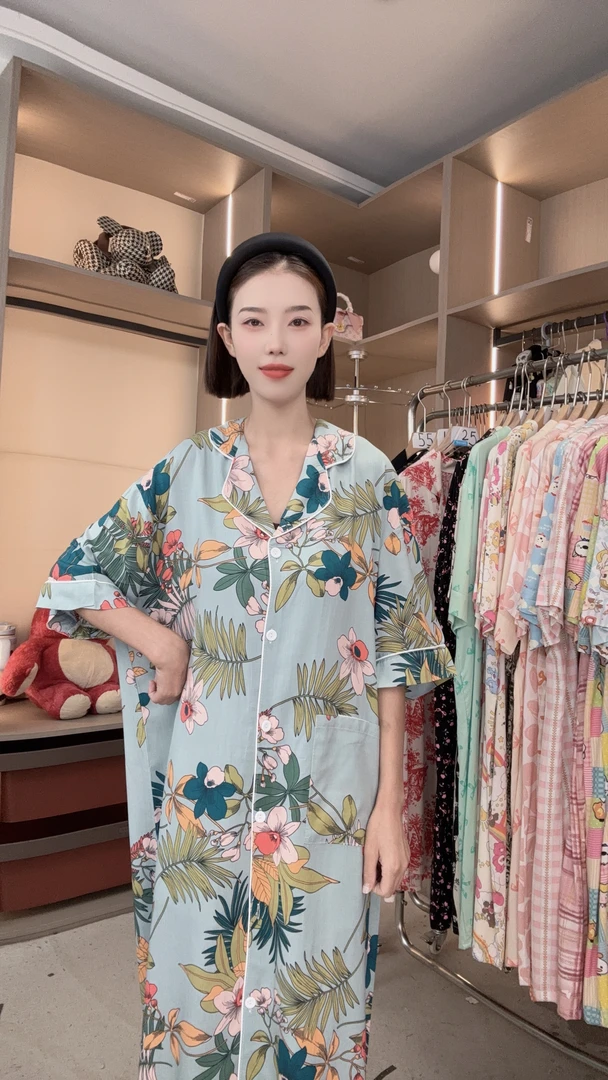 【富贵花-睡裙】慵懒风薄款睡衣加大码印花时尚连体衣宽松