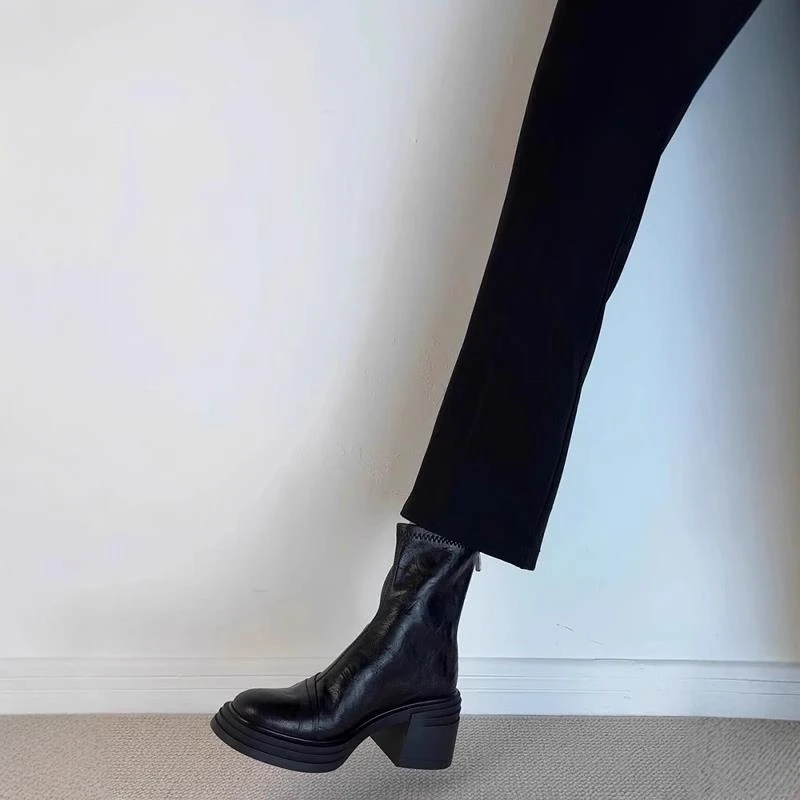 【FBZN官方正品】羊皮版~法式真皮厚底高跟短靴女2025秋冬新款圆