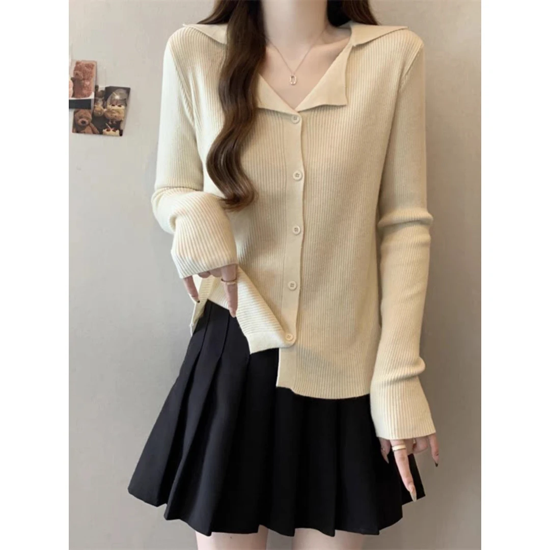 法式polo领高级感修身毛衣女秋冬季MM显瘦针织开衫打底上衣 7814