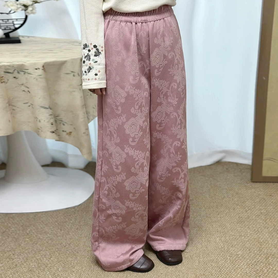 D1599-5070 春款复古提花半松紧腰休闲裤女新款文艺阔腿直筒长裤