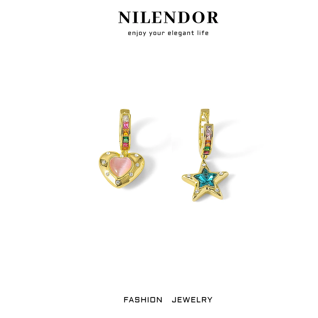 铜合金合成锆石耳饰 ES-437时尚设计感爱心星星不对称耳环