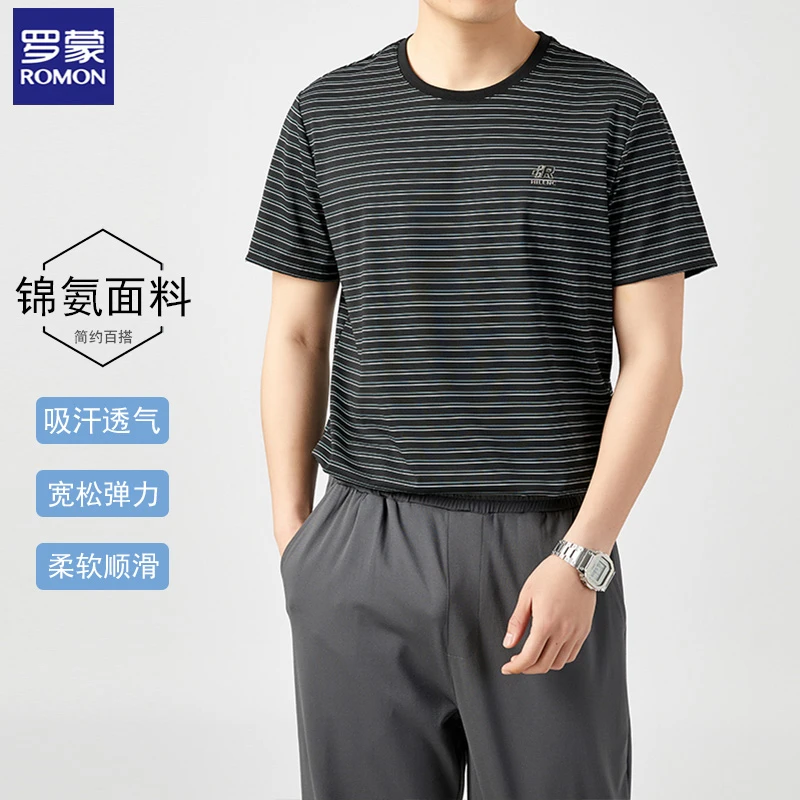 Romon/罗蒙夏季黑白条纹短袖T恤男宽松舒适圆领薄款半袖上衣条纹