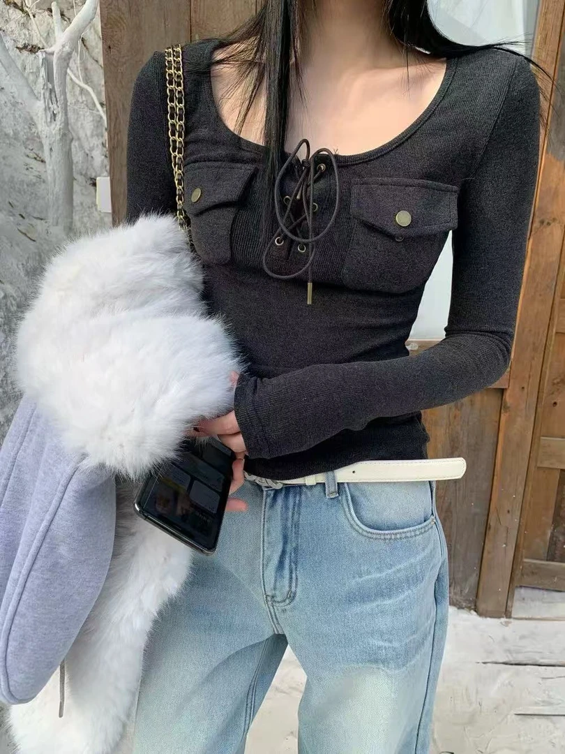 F7-2两色“双口袋系带”长袖上衣（8263）