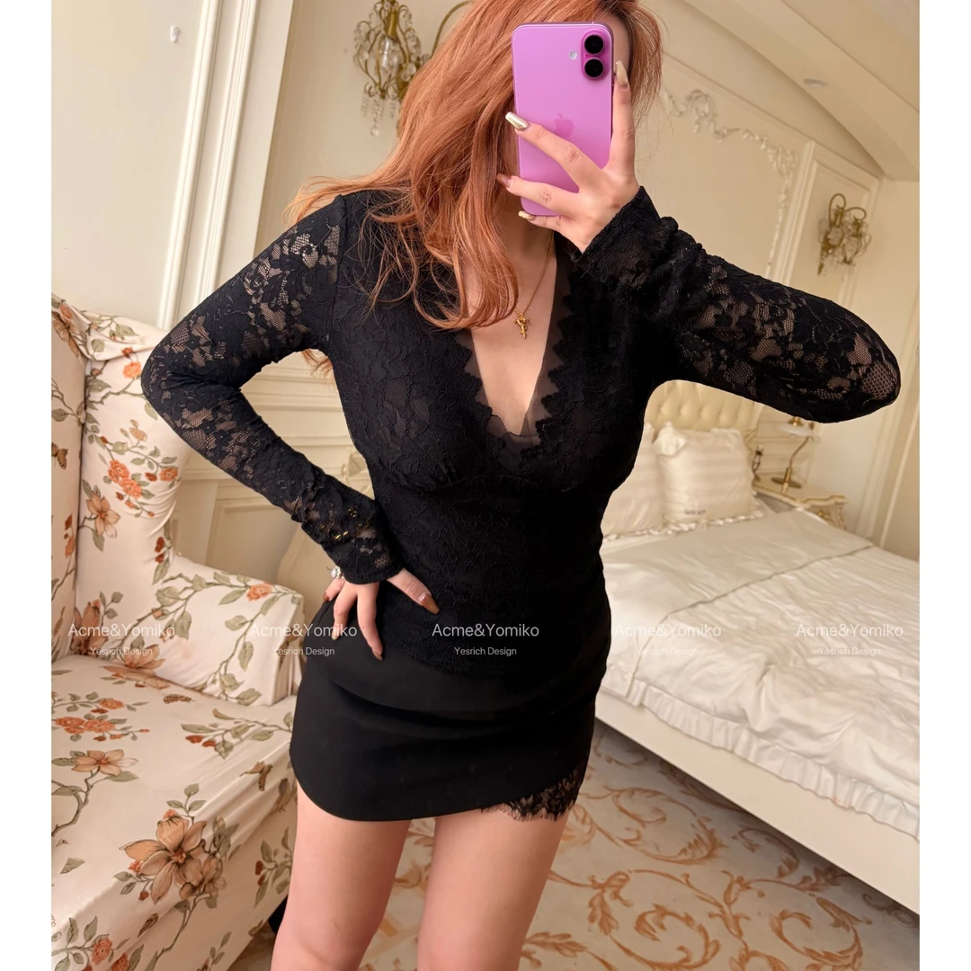 蜜光丝缕 纯欲轻熟辣妹通勤风法式V领长袖蕾丝设计v领上衣G271