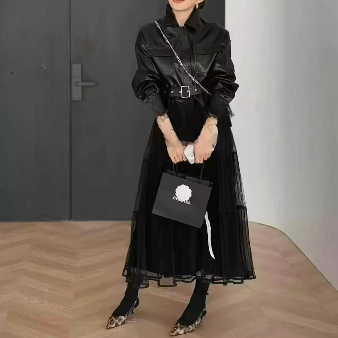 2025半身裙女高腰新款春夏新款网纱拼接百褶裙两面穿中长裙欧货