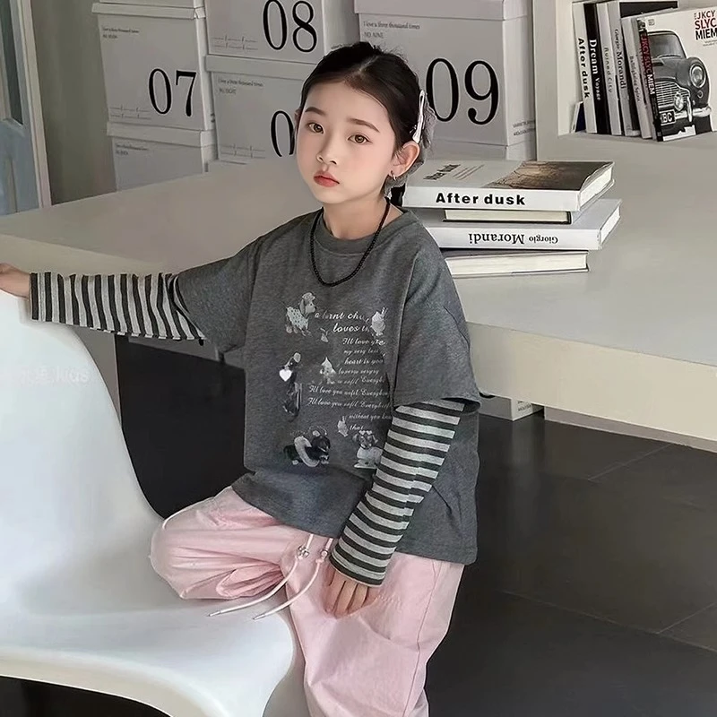 女童春装假两件t恤长袖新上衣洋气时髦中大童宽松打底衫潮T24423