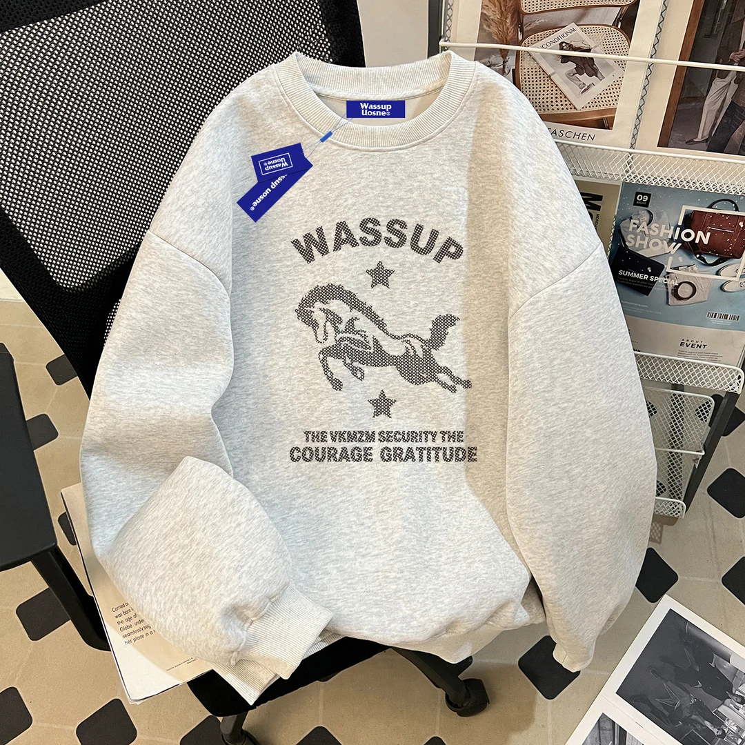 WASSUP UOSNE痞帅复古圆领卫衣男秋冬季加绒美式潮牌短宽上衣外套