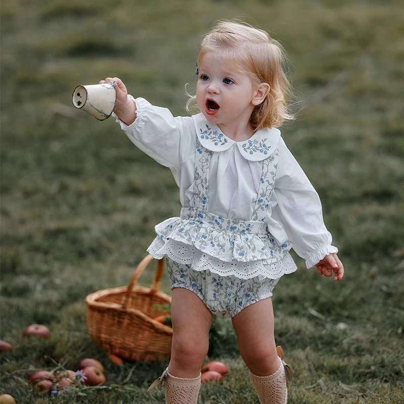 新品Oak Family婴儿裤子背带短裤洋气蕾丝夏季女宝宝花苞裤