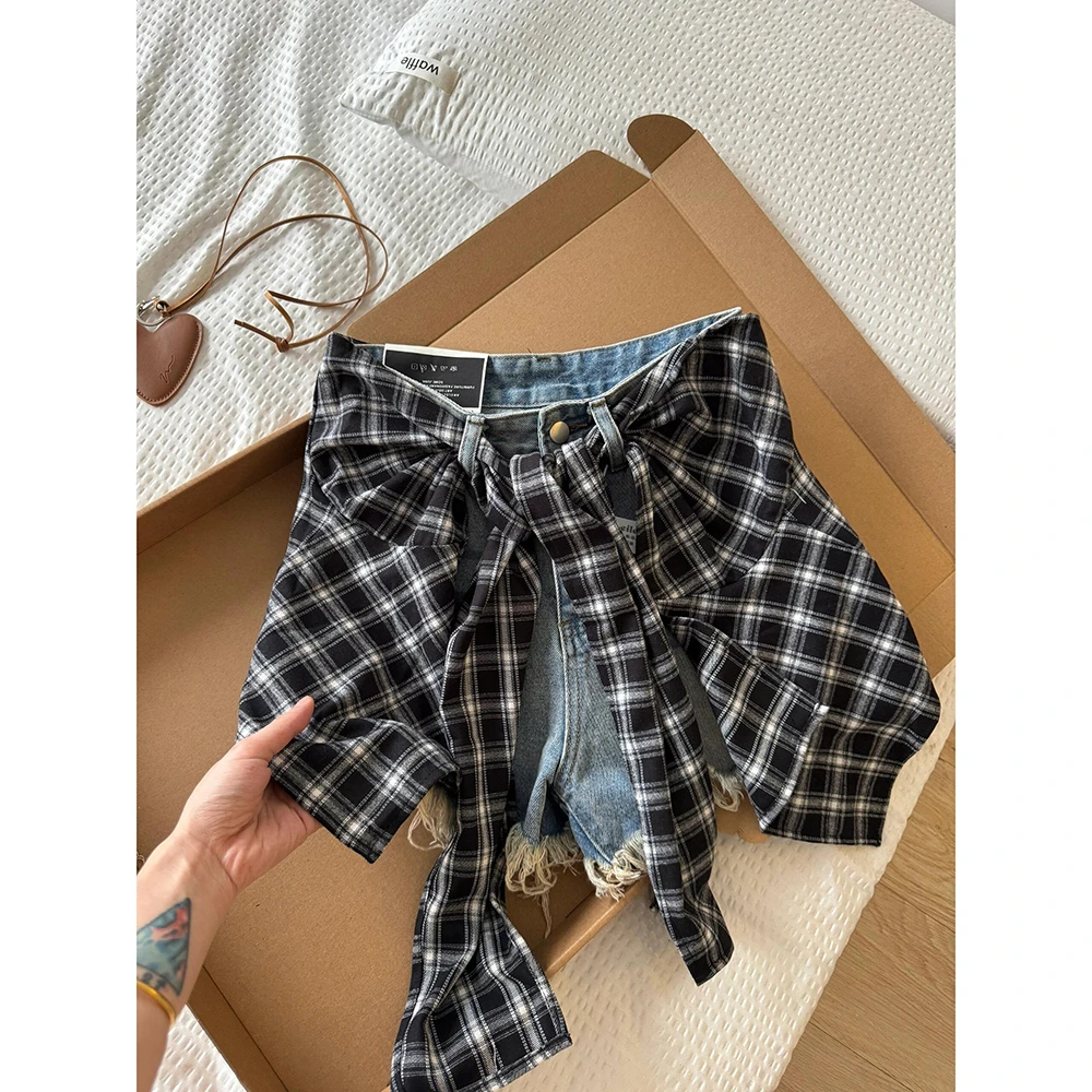 大码美式格子屁帘牛仔短裤女夏季修身超短裤性感弹力辣妹热裤子潮