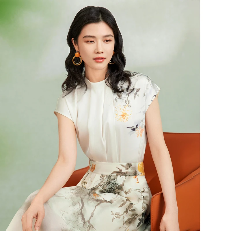 【晨粉专享价】【东方感立领衬衫】粉蓝衣橱对褶小衫光感印花轻薄