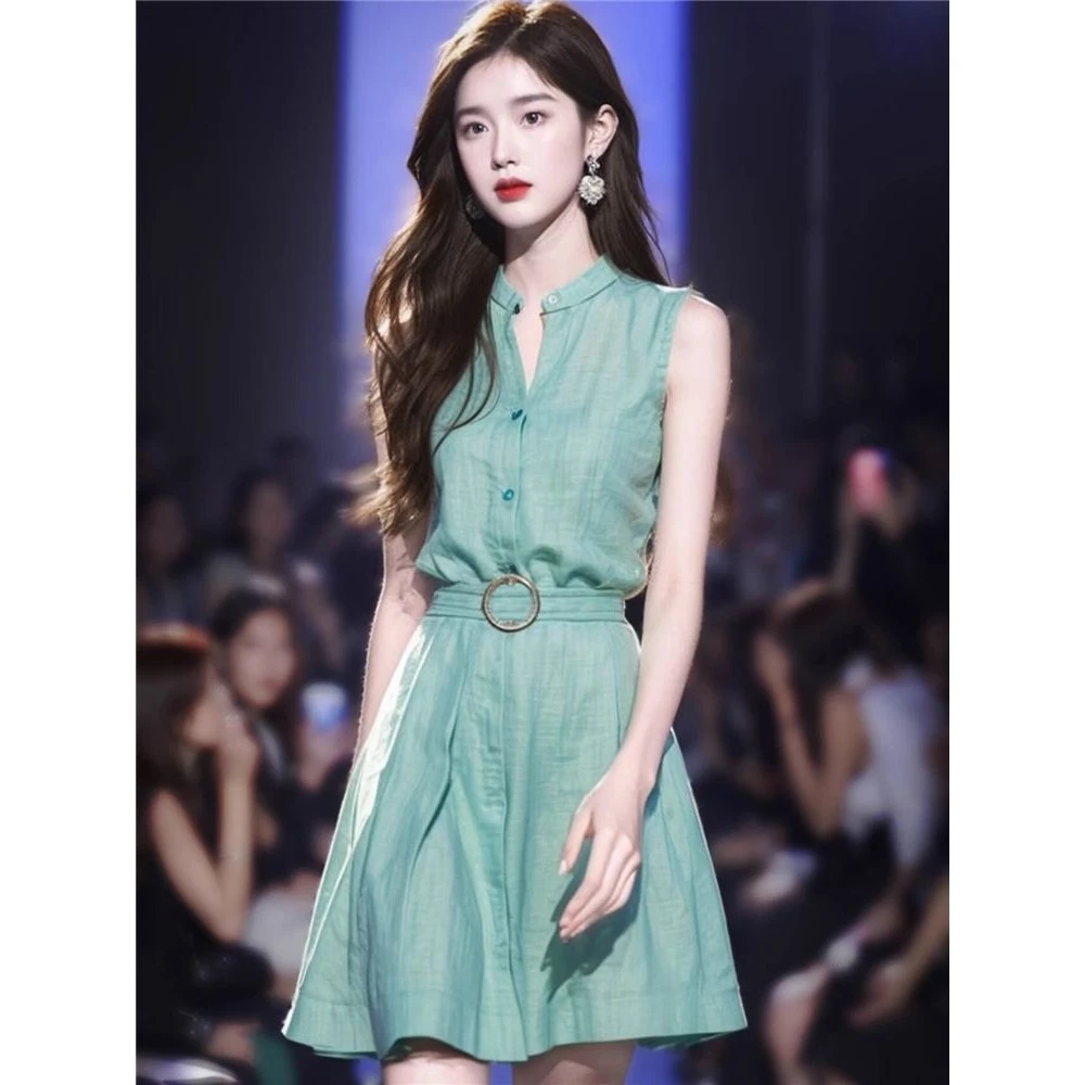 法式精致衬衫连衣裙夏季高端气质收腰温柔风棉质立领无袖连衣裙女