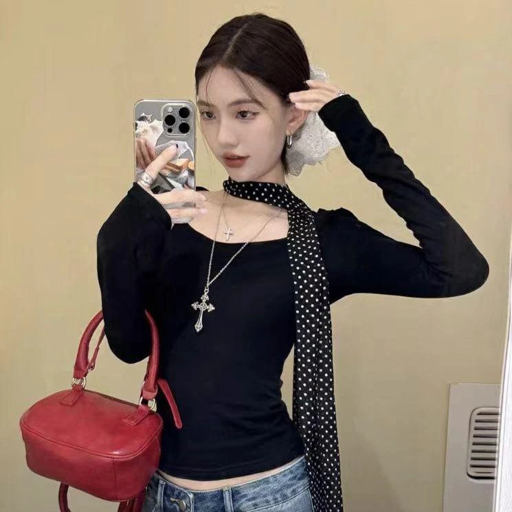 韩系复古黑色波点玫瑰长条丝巾y2k甜酷千禧风飘带围脖高级感丝带.