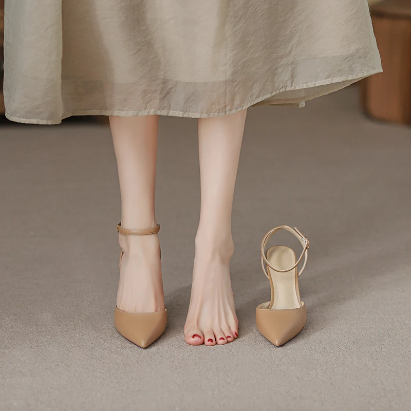 飞燕女鞋2025春夏新款法式细跟高跟鞋日常通勤哑光包头一字扣单鞋