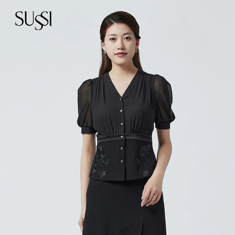 SUSSI/古色25夏商场同款黑色V领开襟刺绣灯笼袖通勤上衣