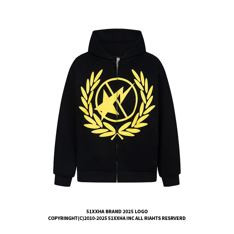 51嘻哈vintage美式字母印花宽松开衫连帽卫衣男款潮牌hiphop外套