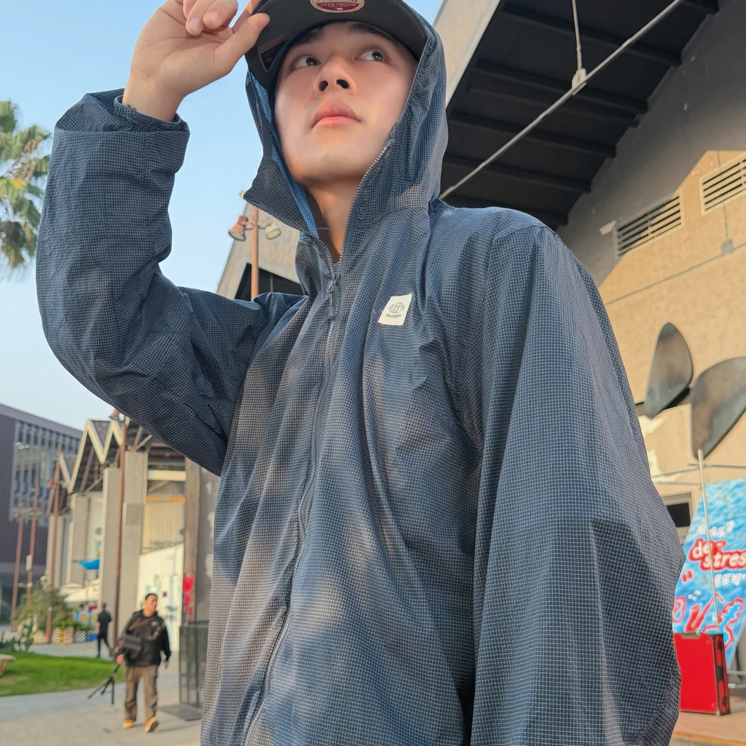 Rugby格子蓝黑轻薄街舞透气连帽户外运动休闲夹克外套