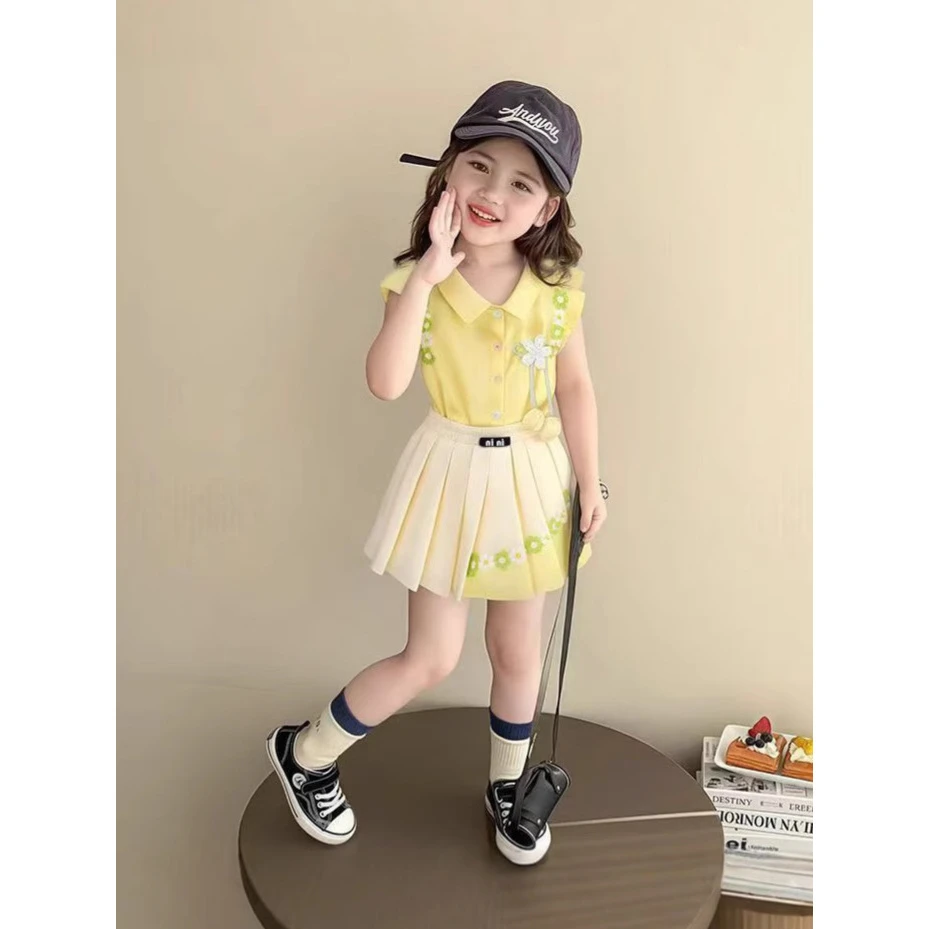 女童套装夏季2025新款儿童装洋气短袖夏装小女孩衬衫百褶裙两件套