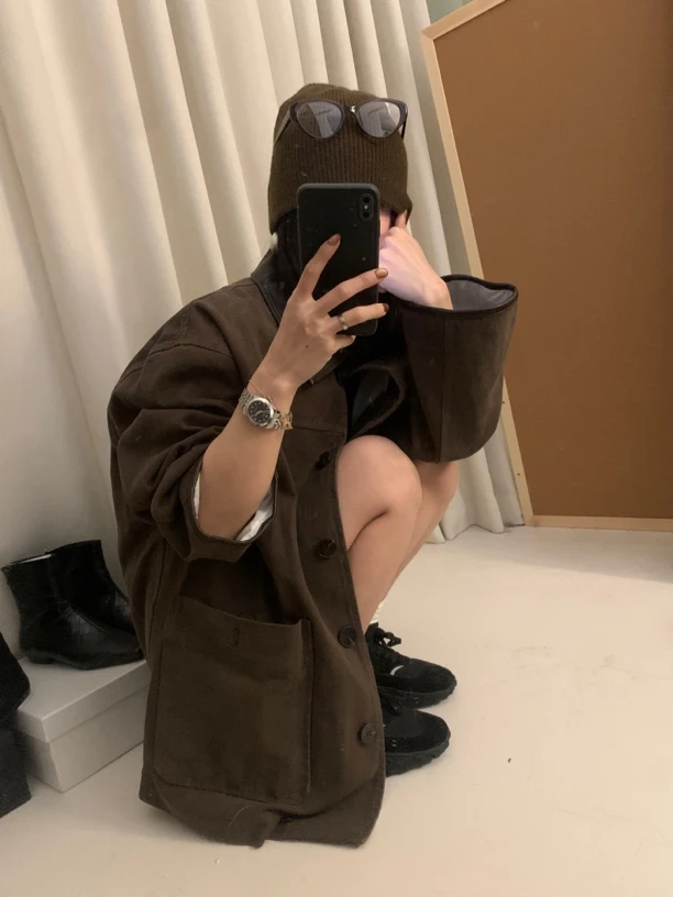 极简骨位洗水撞色小众美式女孩休闲百搭夹克翻领外套