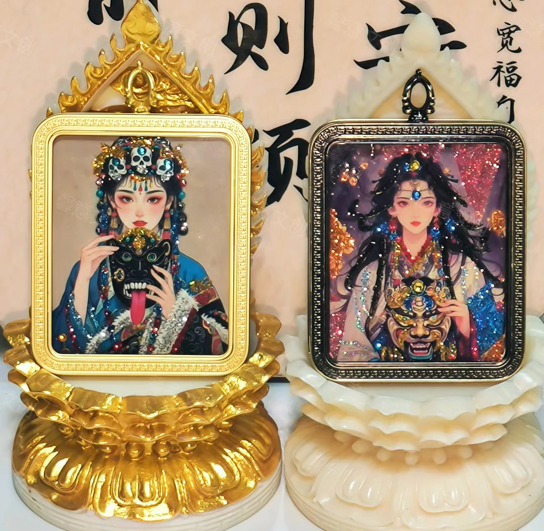 （馨意）藏传唐卡彩金钛钢嘎乌盒尼泊尔西藏女凤女龙男龙男蛇白鹤