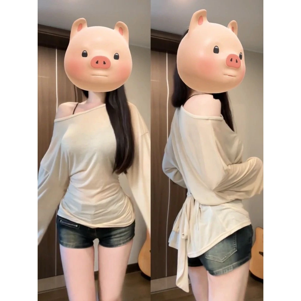 薄款修身辣妹设计显瘦宽松新款长袖T恤夏季绑带收腰罩衫防晒上衣