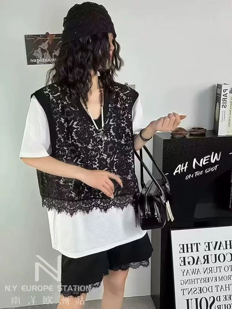 25553-3782 蕾丝透透假两件夏季洋气短袖T恤